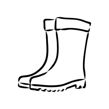 Beyaz arka planda izole edilmiş lastik botlar. Su birikintilerinde yürümek için sonbahar ayakkabıları. Suya dayanıklı botlar. Bahçede çalışacak bir bahçıvanın botları. Doodle biçiminde vektör illüstrasyonu