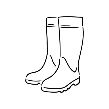 Beyaz arka planda izole edilmiş lastik botlar. Su birikintilerinde yürümek için sonbahar ayakkabıları. Suya dayanıklı botlar. Bahçede çalışacak bir bahçıvanın botları. Doodle biçiminde vektör illüstrasyonu