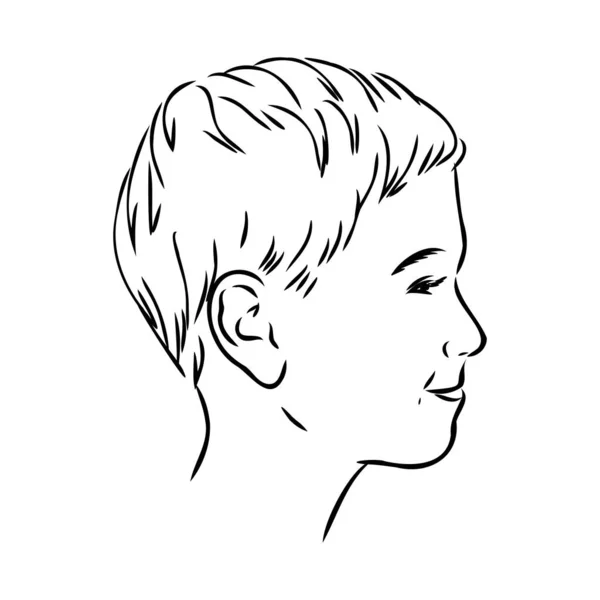 Hand drawn little kid portrait in profile, Vector sketch isolated on white background, Line art illustration — Stock Vector