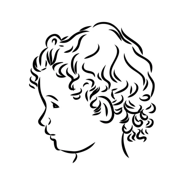 Handgetekend kinderportret in profiel, Vectorschets geïsoleerd op witte achtergrond, Lijnillustratie — Stockvector