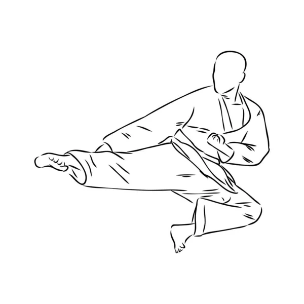 Ilustración de bosquejo de técnica de patada de karate. Arte marcial asiático deporte mano dibujado diseño — Vector de stock