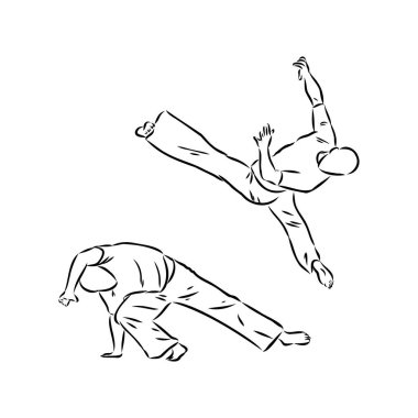 Capoeira Simgesi Silueti Çizimi. Dans ve Spor Brezilyalı Vektör Grafik Çizimi Sembol Klip Sanatı. Çizim Kara İşaret.