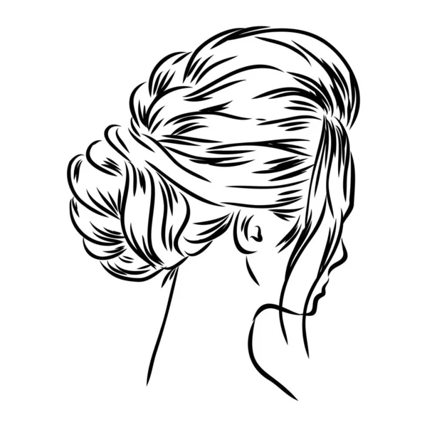 Femme avec un chignon classique élégant avec un sourcil parfait en forme et plein. Illustration de coiffure d'affaires avec des cheveux longs naturels. — Image vectorielle