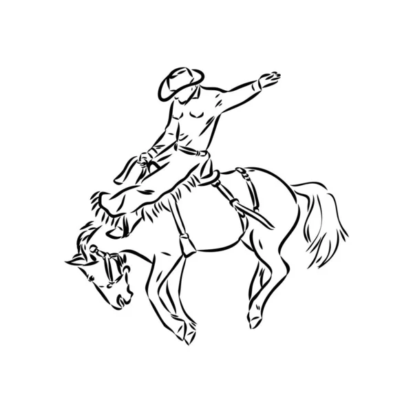 Imagen vectorial de un vaquero en un mustang caballo salvaje decorándolo en un rodeo en el estilo de bocetos de arte — Archivo Imágenes Vectoriales