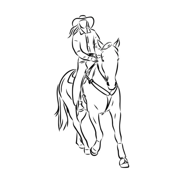Immagine vettoriale di un cowboy su un cavallo selvaggio mustang che lo decora a un rodeo nello stile di schizzi d'arte Illustrazione Stock