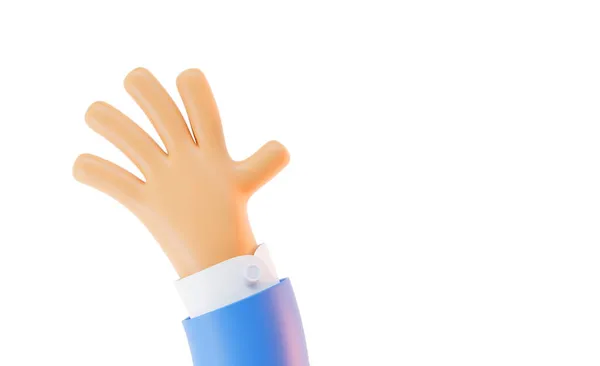 Winkende Hand zur Begrüßung, grüßend. Flexibler männlicher Charakter mit blauem Ärmel wird mit offener Handfläche und fünf Fingern nach oben gehoben. Zeichentrick-3D-Darstellung isoliert auf weißem Hintergrund — Stockfoto