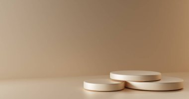 Yuvarlak basamaklı podyum ya da bej arka planda kaide. Ürün tanıtım ürünleri için boş taş sahnesi ya da platformu şablonu. Pastel renklerde, perspektif görünümlü, 3D görüntüleme