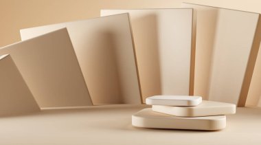 Soyut geometrik bej çarşaflarda yuvarlak köşeli kare basamaklı podyum. Boş taş kaidesi ya da platform, doğal pastel renkler içeren zarif stüdyo ürünü 3 boyutlu görüntülemek için.