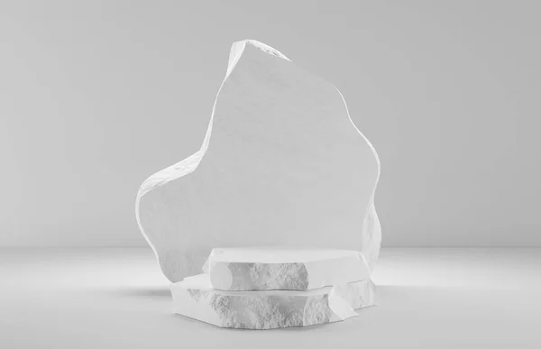 Witte stenen platen podium met ruwe textuur randen en plaat in vorm rots op grijze achtergrond. Gebroken betonnen blokken, 3D-weergave illustratie. Leegstand, platform of sokkel voor het weergeven van het product — Stockfoto