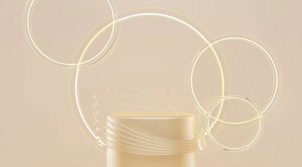 Натрій або п'єдестал зі скляними світяться кільцями на бежевому тлі, круглі прозорі межі у формі хвилі на порожній геометричній стадії. Циліндрична платформа для відображення розкоші продукту, 3d ілюстрація рендеринга — стокове фото