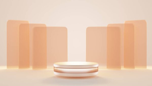 Glass round beige podium with transparent brown geometric figures on nude background. Flying pedestal. Cosmetics, beauty product promotion mockup. Abstract minimal banner, 3d render illustration