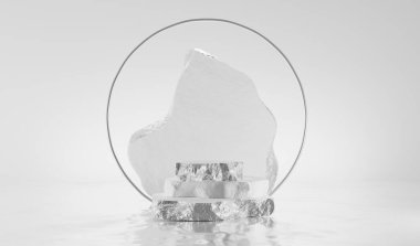 Gümüş desenli kenarları ve su yüzeyinde yüzen kemeri olan beyaz taş levhalar. Güzellik kozmetik ürünleri gösterimi için boş sahne, platform veya kaidesel kırık bloklar, 3D resimleme