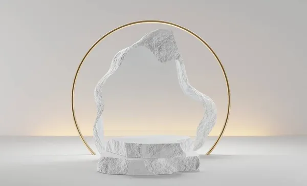 Lyxig vit sten pall eller piedestal med transparent stenram, guldbåge och abstrakt bakgrund med ljus. Minimalistisk studio, scen för prisutdelning, skönhetskosmetisk produktvisning, 3D render — Stockfoto