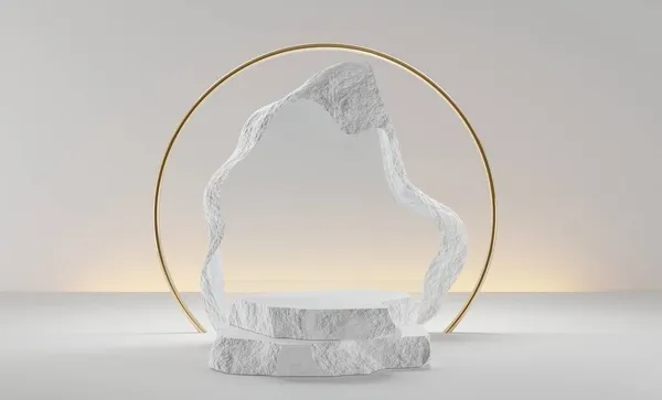 Podium de luxe en pierre blanche ou piédestal avec cadre en pierre transparente, arc en or et toile de fond abstraite avec lumière. Studio minimaliste, scène pour la cérémonie de remise des prix, exposition de produits cosmétiques de beauté, rendu 3D — Photo