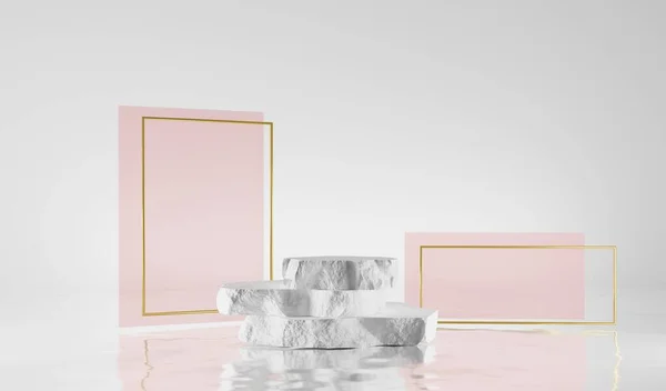 Stenen trede podium met abstracte roze geometrische figuren en gouden rechthoek frames. Drijvend voetstuk op water. Natuurlijke ruwe witte rots voor schoonheid cosmetische product display, 3d weergave illustratie — Stockfoto