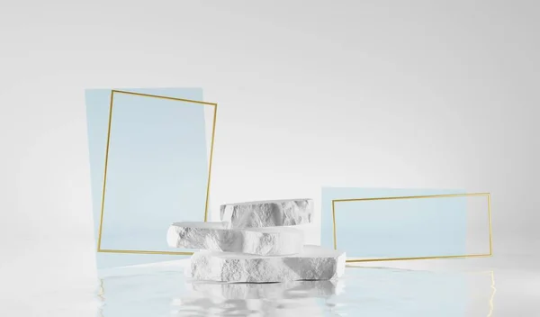 3D Stone lépcső dobogó absztrakt kék geometriai alakokkal és arany téglalap keretekkel. Úszó talapzat a vízen. Természetes durva fehér kő kozmetikai termék kijelző, 3D render illusztráció — Stock Fotó