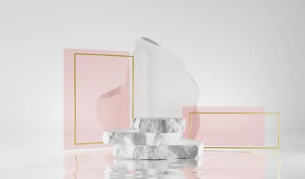 3D Luxus-Podium aus weißem Stein mit klarem Gesteinsrahmen, goldenem Bogen und rosa rechteckigen geometrischen Figuren auf grauem Hintergrund. Mockup-Bühne, Plattform oder Podest für kosmetische Produktpräsentation — Stockfoto