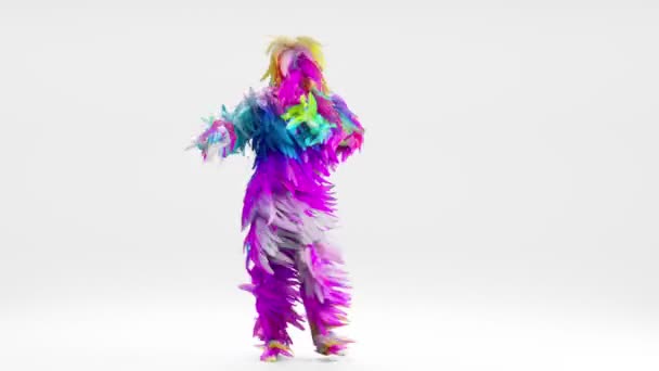 Bigfoot, hairy beast cartoon character Yeti dancing on white background. Colorful furry toy is having fun. Funny dance moves. Man in monster costume on halloween, carnival or party, 3D animation, 4k — Wideo stockowe