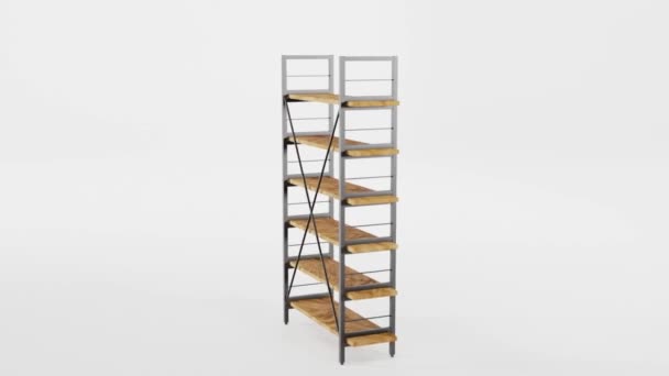 Wooden shelving with metal base, 3d motion graphic animation. Empty rack in loft style for interior office or home, modern design. Mockup shelves for storage isolated on white background — 图库视频影像