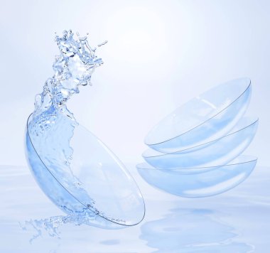 Su sıçratarak göz bakımı için kontakt lensler, açık mavi yumuşak lensleri temizlemek için sıvı solüsyon. Aqua yüzeyinde optik görüş düzeltmesi için tıbbi ekipman, paket tasarımı için model, 3D görüntüleme