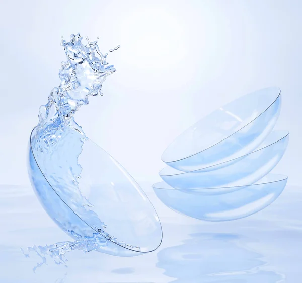 Su sıçratarak göz bakımı için kontakt lensler, açık mavi yumuşak lensleri temizlemek için sıvı solüsyon. Aqua yüzeyinde optik görüş düzeltmesi için tıbbi ekipman, paket tasarımı için model, 3D görüntüleme