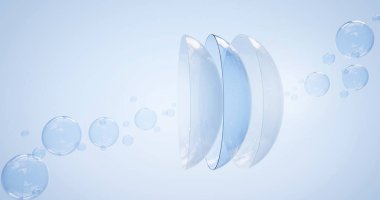 Mavi arka planda hava kabarcıkları olan su yüzeyindeki kontakt lensler. Göz merceği temizleme çözeltisi konsepti, optik görüş düzeltmesi için tıbbi ekipman, paket tasarımı için model. Gerçekçi 3D canlandırma