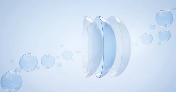 Contactlenzen in het wateroppervlak met luchtbellen op blauwe achtergrond. Ooglens reinigingsoplossing concept, medische apparatuur voor optische correctie van het gezichtsvermogen, model voor het ontwerp van de verpakking. Realistische weergave van 3d — Stockfoto