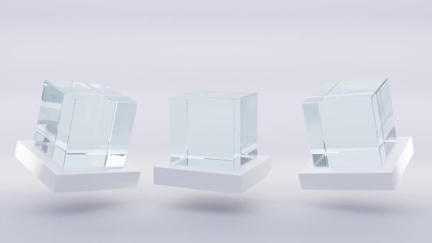 Glass or plastic cubes on white stands. Blank clear square showcase, exhibit podium, crystal block on grey background. Mockup acrylic or plexiglass box for display. Realistic set 3d render animation — Stock video