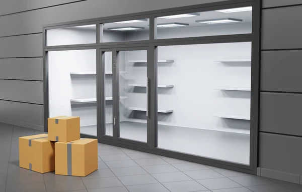 Girişte cam pencere, kapı ve karton kutular, perspektif manzaralı bir dükkan. Butik mağazası cephesi ya da boş rafları, vitrini ve ışıkları olan sergi salonu. Dış bina modellemesi, 3D oluşturma