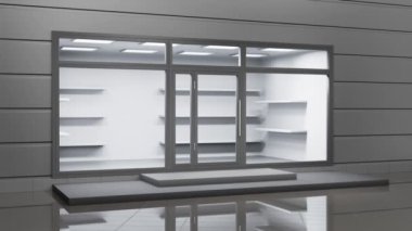Merdivenleri, giriş kapısı ve cam penceresi olan bir dükkan. Moda butik cephesi, sokak mağazası ya da galerisi boş raflar, vitrin ve ışıklar, sunumlar ya da müze sergileri için yer, 3D
