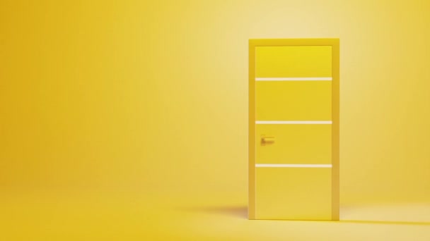 3d animation opening door with white light inside, isolated on yellow background, front view. Realistic interior door or entrance doorway in empty room. Modern minimal concept. Opportunity metaphor — 비디오