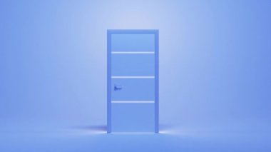 3d animation opening door with white light inside, isolated on blue background, front view. Modern minimal concept. Opportunity metaphor. Realistic interior door or entrance doorway in empty room
