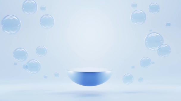 3d animation, podium with air bubbles spheres on blue aqua background. Mockup abstract geometric hemisphere stage, empty platform with liquid balls or drops for display product underwater — Stock Video