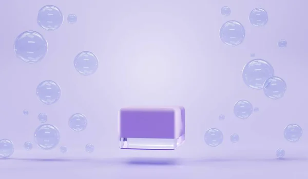 3D render, lila fyrkantigt podium med bubblor vatten på lavendel bakgrund. Mockup flytande glas geometriskt klart skede, tom plattform med tvål sfärer eller flytande bollar för visning produkt kosmetika — Stockfoto