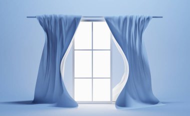 3d render, glass window with billowing silk curtains hanging on rod. Realistic interior room with blue wall and floor. Long pair teal curtains in blowing wind, flowing satin tissue, fabric drapery clipart