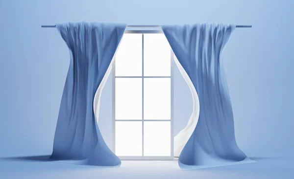 3d render, glass window with billowing silk curtains hanging on rod. Realistic interior room with blue wall and floor. Long pair teal curtains in blowing wind, flowing satin tissue, fabric drapery