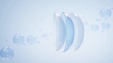3D animasyon, su yüzeyinde kontak lensler ve mavi arka planda hava kabarcıkları. Göz merceği temizleme çözeltisi konsepti, optik görme düzeltmesi için tıbbi ekipman, paket tasarımı için model