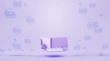 3D animasyon, mor kare podyum lavanta arkaplanlı köpüklü su. Mokup cam geometrik berrak sahne, sabun küreli boş platform veya ürün kozmetik için sıvı toplar