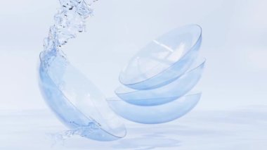 3D animasyon, su sıçraması için kontakt lensler, temiz mavi yumuşak lensleri temizlemek için sıvı solüsyon. Aqua yüzeyinde optik görüş düzeltmesi için tıbbi ekipman, paket tasarımı için model