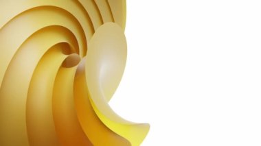 3D animasyon, soyut geometrik arkaplan ve altın kıvrımlı kağıt çarşaflar. Dalgalı element tasarım hareketli modern duvar kağıdı. Beyaz arkaplanda sarı katmanlı en düşük makro kompozisyon
