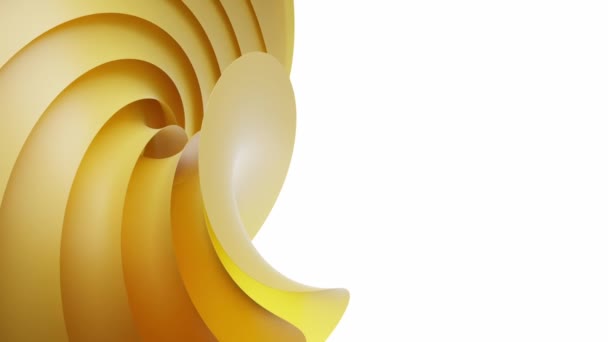 3Dアニメーション、金色の曲線紙シートを持つ抽象的な幾何学的背景。波状の要素のデザインの動きと現代の救済の壁紙。白を背景に黄色の層を持つ最小マクロ構成 — ストック動画