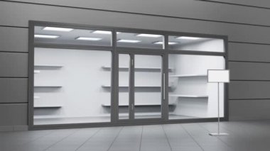 3D animasyon, ön cam pencereli depo, giriş kapısı ve zemin katı. Boş rafları, vitrinleri ve ışıkları, perspektif manzarası olan bir mağaza ya da sergi salonu. Dış bina modellemesi