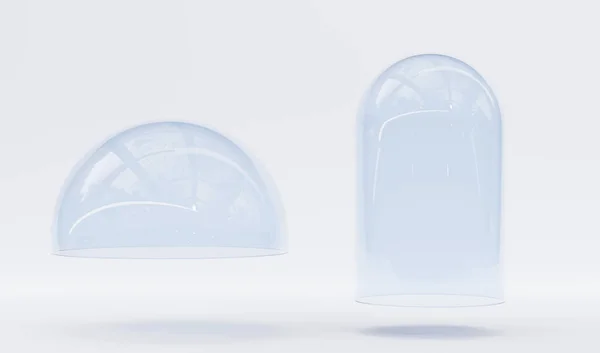 3d візуалізація, скляні куполи ізольовані на білому тлі. Циліндричні та півкулі чіткі сині форми, контейнер для зберігання пластикових продуктів, випадок презентації продукту або лабораторний інструмент. Реалістична ілюстрація — стокове фото