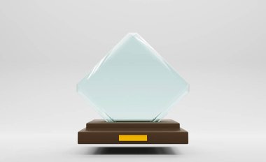 3D görüntü, cam ödül ya da tahta kaidede ödül, ön manzara. Şeffaf kristal levha veya akrilik elmas çerçeve boş altın etiketli, eşkenar dörtgen bardak beyaz arka planda izole.