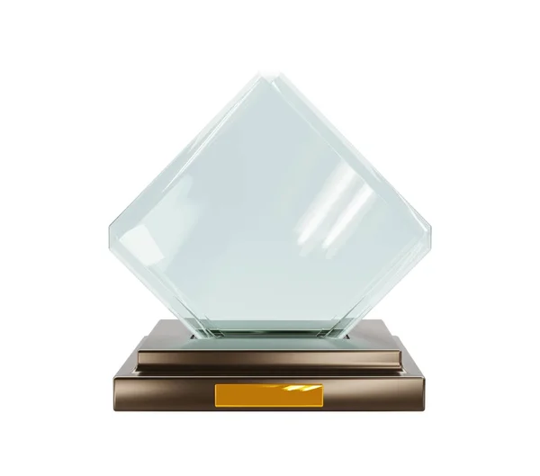 Скляний трофей або приз переможця на дерев'яному п'єдесталі, вид спереду. Макет порожньої кристалічної пластини або прозорої алмазної акрилової рамки, чашка ромба ізольована на білому тлі. Реалістична ілюстрація 3d рендеринга Стокова Картинка