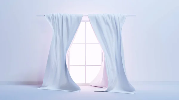Beyaz perdeli, ipek kumaşlı cam pencere. Duvarı ve zemini olan boş bir odanın gerçekçi iç mekanı. Saten kumaş korniş üzerinde asılı, rüzgarda dalgalı malzeme, gerçekçi render 3D grafikler