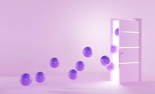Фиолетовые гелиевые шарики, летящие в открытой двери, 3d рендеринг. Современный интерьер пустой комнаты с розовой стеной и полом, минимальная концепция. День рождения или день святого Валентина сюрприз, романтический подарок, шары для вечеринки — стоковое фото