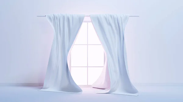 Glasfönster med vita gardiner silke tyg. Realistisk interiör i tomt rum med vägg och golv. Satinduk hängande på cornice, flytande material i blåst vind, realistisk render 3D-grafik Royaltyfria Stockbilder