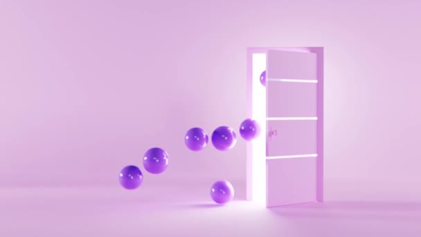 Lila Kugeln springen durch offene Tür, 3D-Animation. Modernes Interieur von leeren Raum mit rosa Wand und Boden, minimales Konzept. Luftballons für Party, Geburtstag oder Valentinstag, romantische Überraschung — Stockvideo