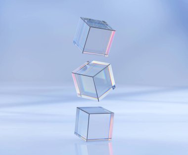 3D görüntüleme, cam veya plastik küplerin mavi dokuda farklı açılardan uçması. Akrilik veya pleksiglas, kristal blok kümesi, gerçekçi, parlayan geometrik nesneleri temizle